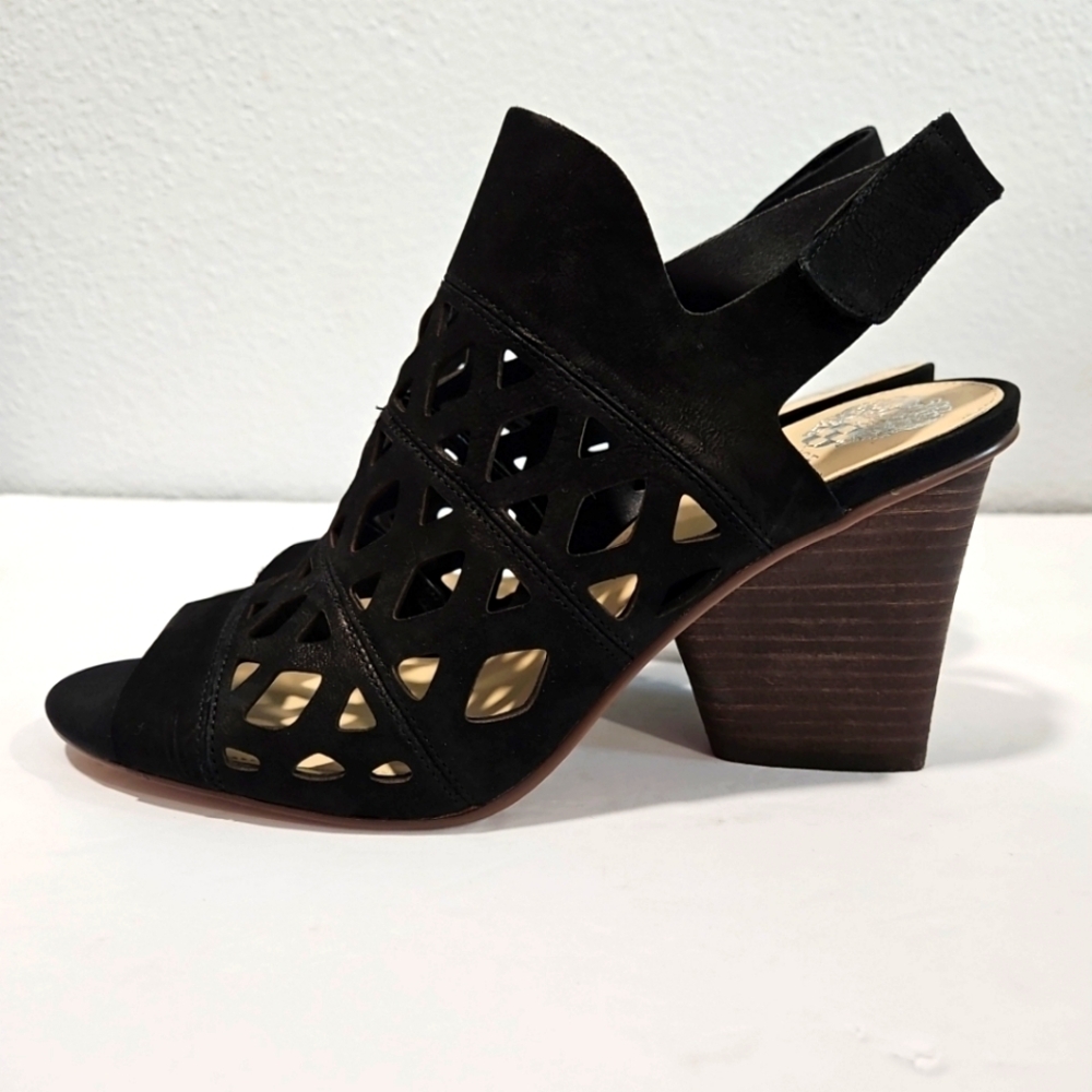 Vince Camuto Deverly Cutout Nubuck Slingback Heeled Sandals Black Womens Sz 10M